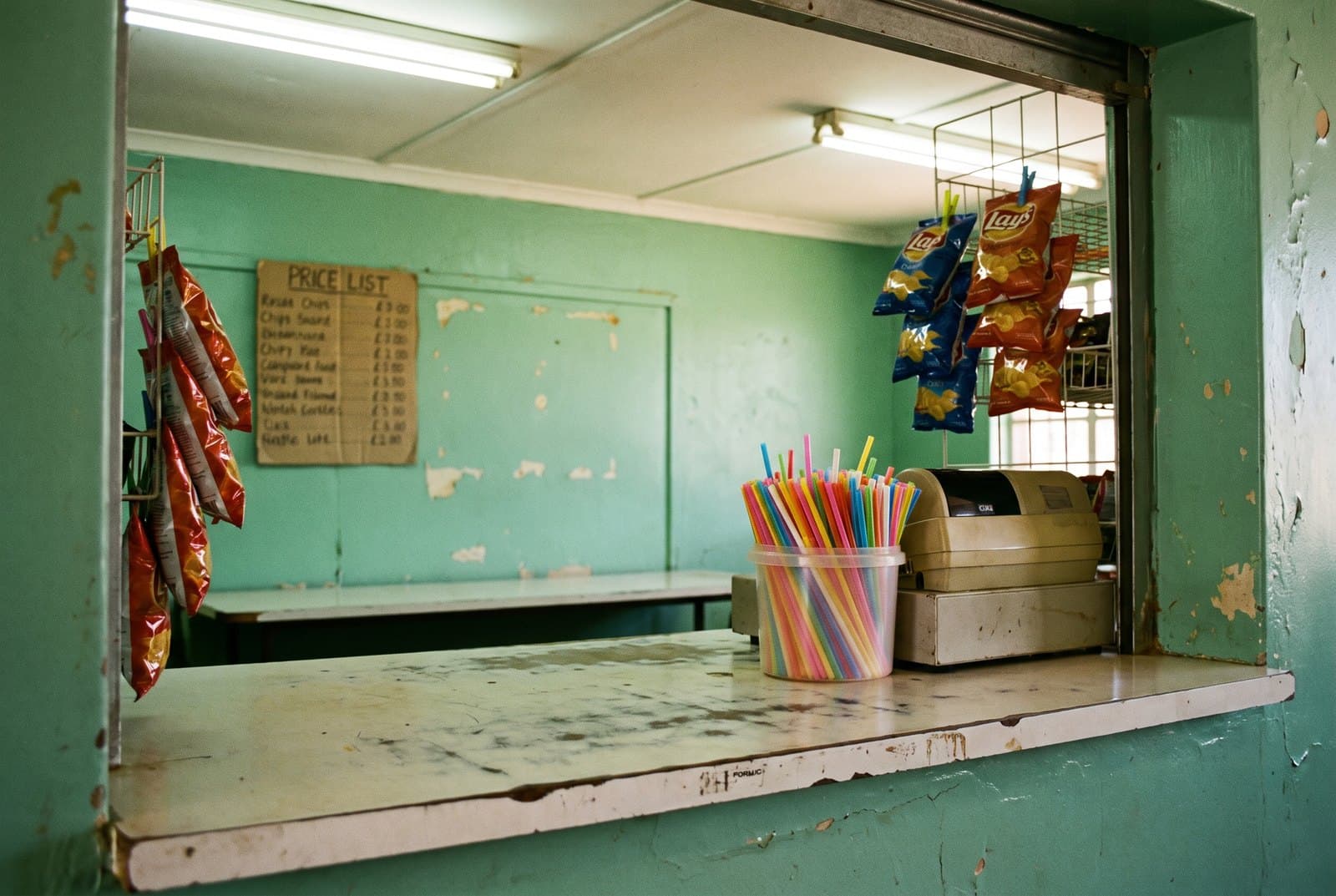 ’n Skool se snoepietoonbank met ’n bak kleurvolle plastiekstrooitjies langs ’n ou kasregister.