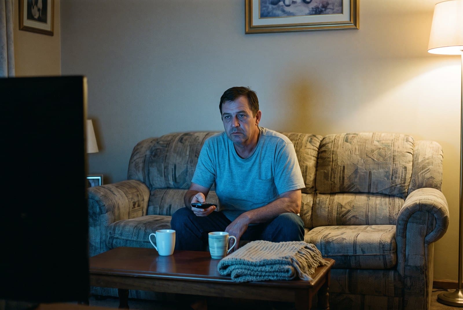 'n Man sit alleen op 'n bank in 'n sitkamer snags, met 'n afstandbeheer in sy hand en die gloed van 'n TV op sy gesig.